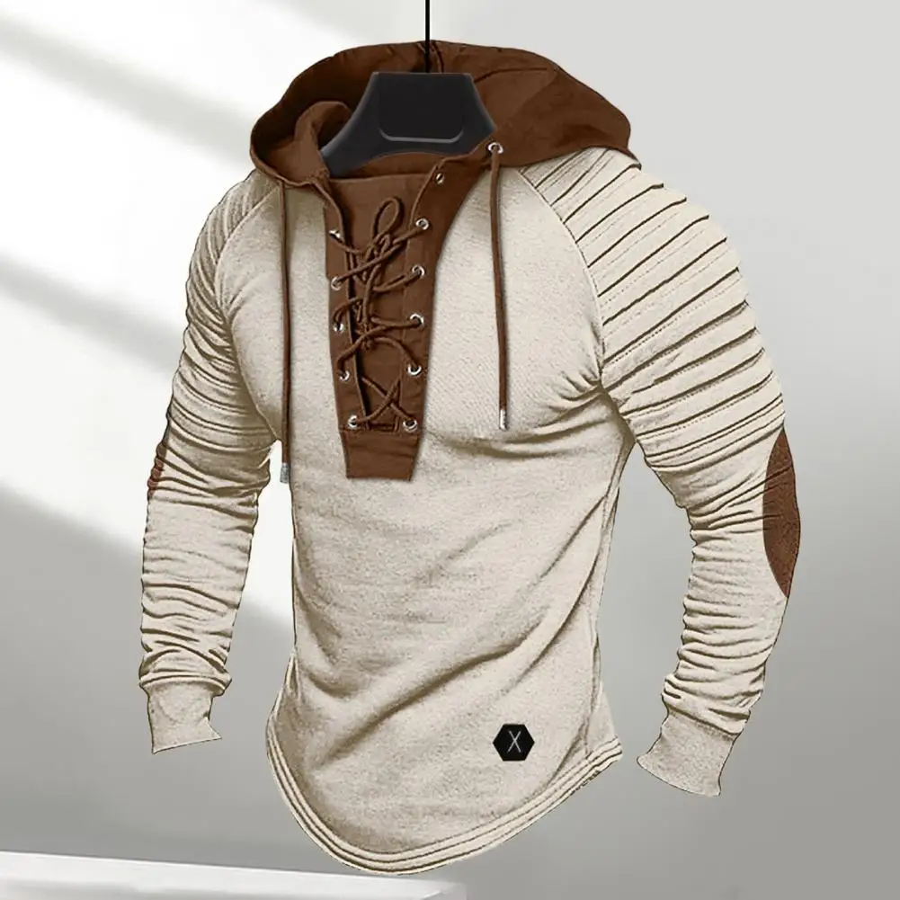 

Men Color Block Hoodie Stylish Men's Colorblock Drawstring Hoodie with Pleated Shoulder Detail Long Sleeve for Retro for Men