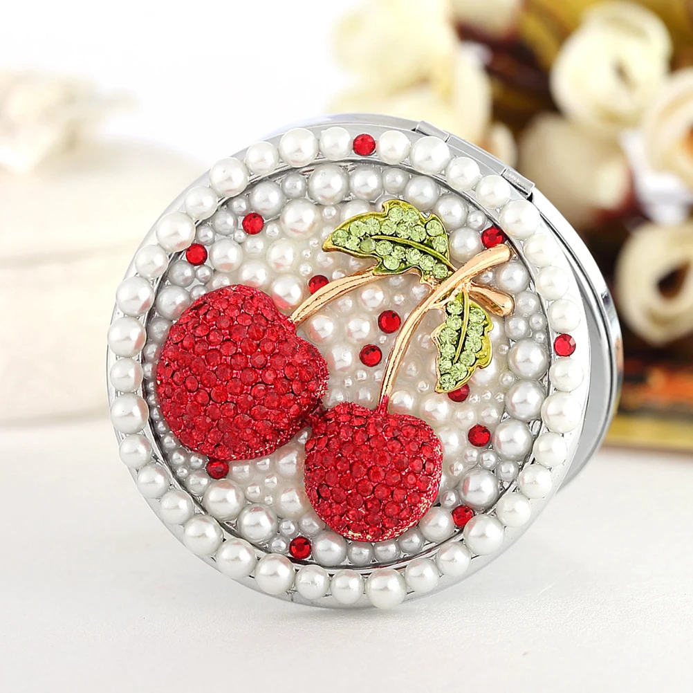 Mini specchio per il trucco pieghevole a doppia faccia con design a ciliegia, compatto e portatile, per le donne, leggero, essenziale da viaggio