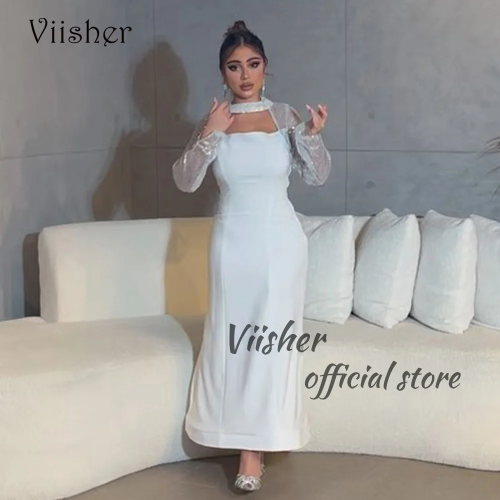 

Viisher White Mermaid Evening Dresses Sequins Long Sleeve Tight Prom Dress Floor Length Dubai Arabic Formal Party Dress