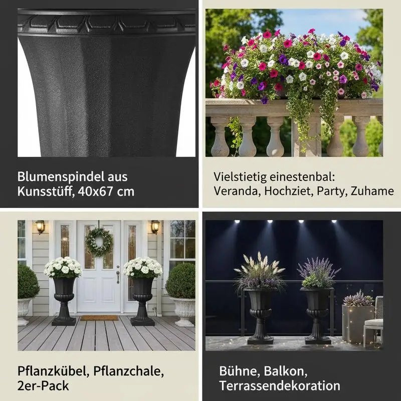 Decorative Column Vases 15.8 x 26.4 Inch For Front Porch Balcony Patio, 2 Pack Classic Flower Pots Tall Pedestal Design Black Molded Resin Construction Traditional Ribbed Texture Outdoor Indoor Ornamental Containers - view 5