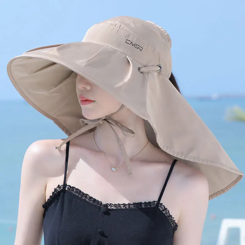 Women 100 Percent Cotton Wide Brim Uv Protection Sun Hat With Neck Flap Adjustable Ponytail Empty Top Summer Beach Cycling Outdo