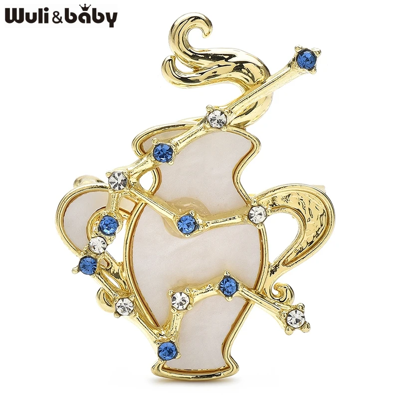 Wuli & baby-broche de concha elegante del zodiaco Acuario, broches de estrellas con diamantes de imitación brillantes, regalo de joyería de diseñador