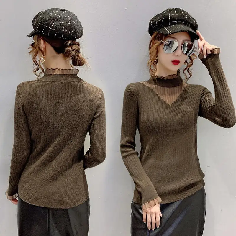 Half-high Collar Lace Stitching Hollow Sweater Women\'s Spring and Autumn New Slim Knit Bottoming Shirt Pullover Top