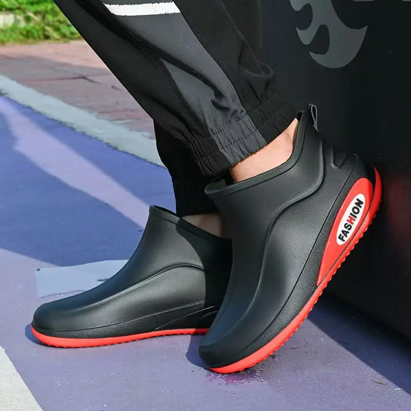 2024 Men's Ankle Rain Boots Soft Sole Non Slip Flat Sole Slip On Waterproof Kitchen Work Shoes Garden Shoes Fishing Wader image 5