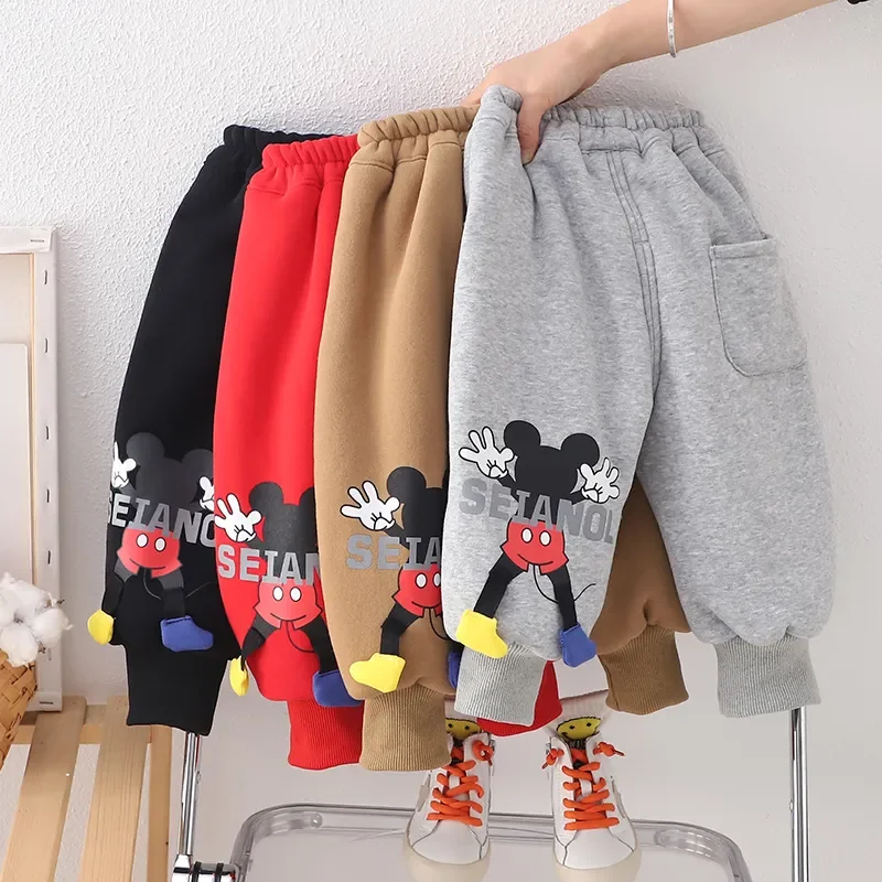 

Baby Boy Girl Velvet Sweatpants 2024 Winter Kid Mickey Mouse Cartoon Thicken Loose Casual Pants Children Clothes Cotton Trousers