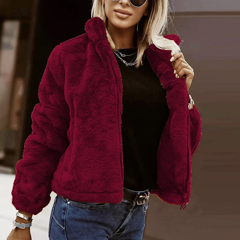 Fashion Plush Jacket Women Casual Zipper Coat With Pocket Outwear Female Autumn Winter Warm Coat Red Black Green