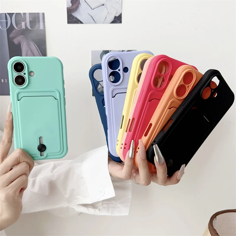 Candy Color Push Card Slot Holder Wallet Soft Case For iPhone 16 15 14 Plus 13 12 11 Pro Max XS XR 7 8 Shockproof Silicone Cover