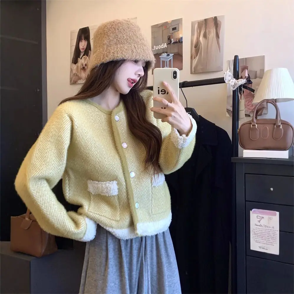 Korejpaa 2024 Autumn Cardigan Coat Women French Style Loose Short Sweater Top Long Sleeve Imitation Lamb Wool Knitted Cardigan