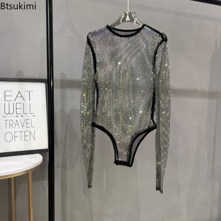 New Women Sexy Rhinestone Mesh Long Sleeve Bodysuit Round Neck Sheer Hollow Glitter Top Nightclub Party Layering One‑Piece Shirt