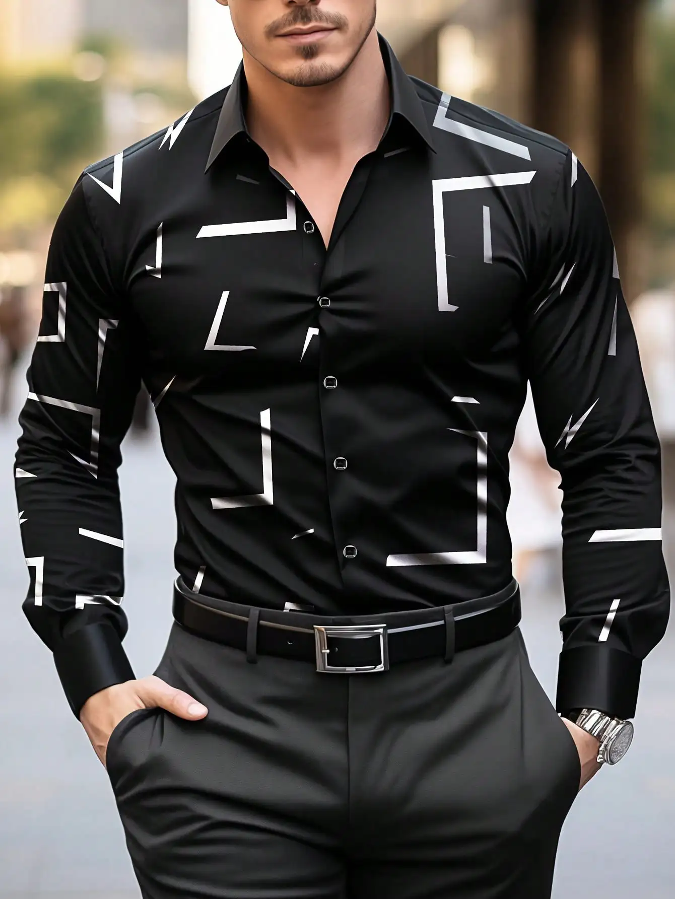 

Men's Black Long Sleeve Button-Down Shirt with Geometric Print, Formal & Casual Wear