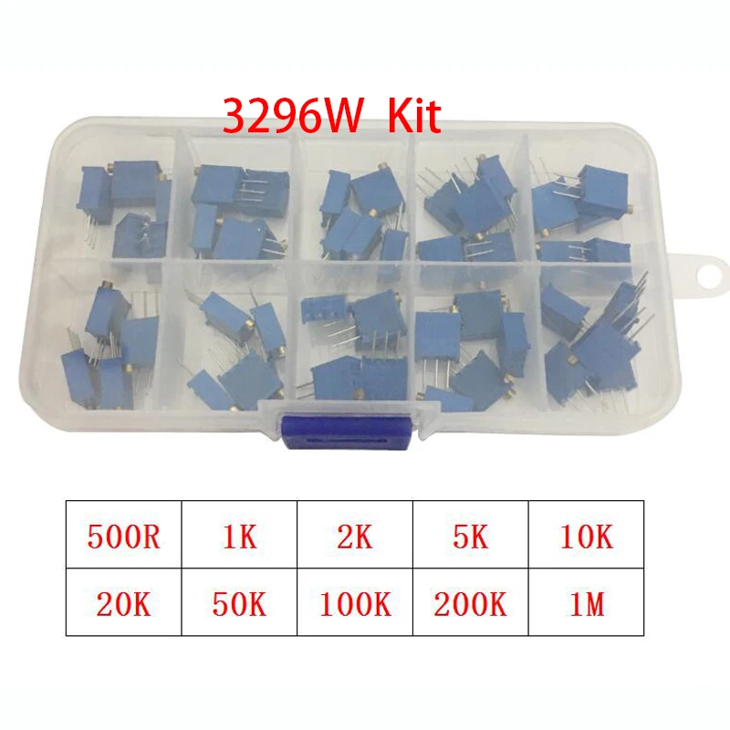 50Pcs/Lot 3296W Multiturn Trimmer Potentiometer Kit High Precision 3296 Variable Resistor 1K 2K 5K 10K 20K 50K 100K 200K 500K 1M