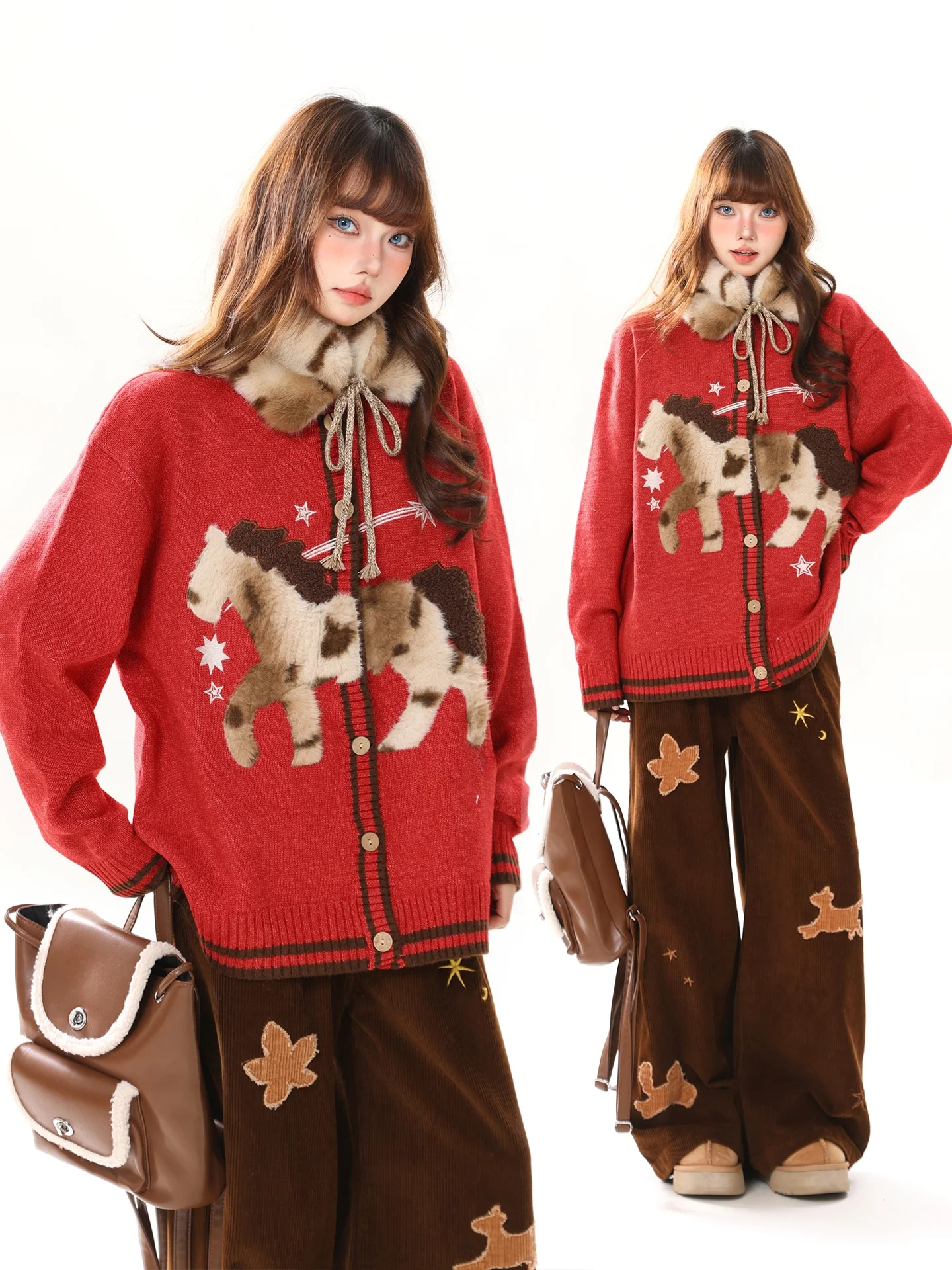 

Красный ленивый с открытым кардиганом из искусственного меха, женский свободный вязаный зимний новогодний свитер из полиэфирного волокна, длинный све