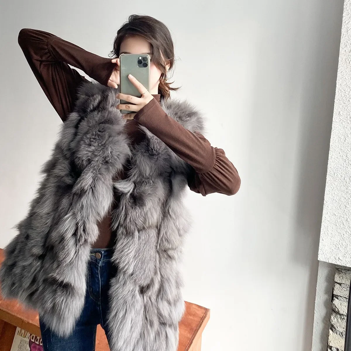 Haining Genuine Fur Vest Women's Autumn/Winter Youth Style Integrated Jacket Outerwear Medium-Length Sleeveless V-Neck