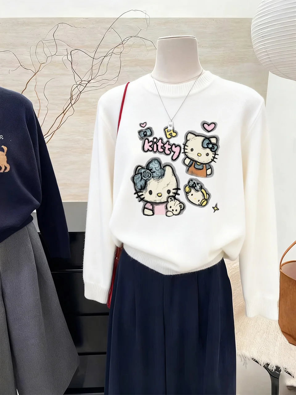 

Женский вязаный свитер с мультяшным принтом Kt Long Sve round Ne, осенне-зимний новый теплый свободный топ, модный полиэстер...