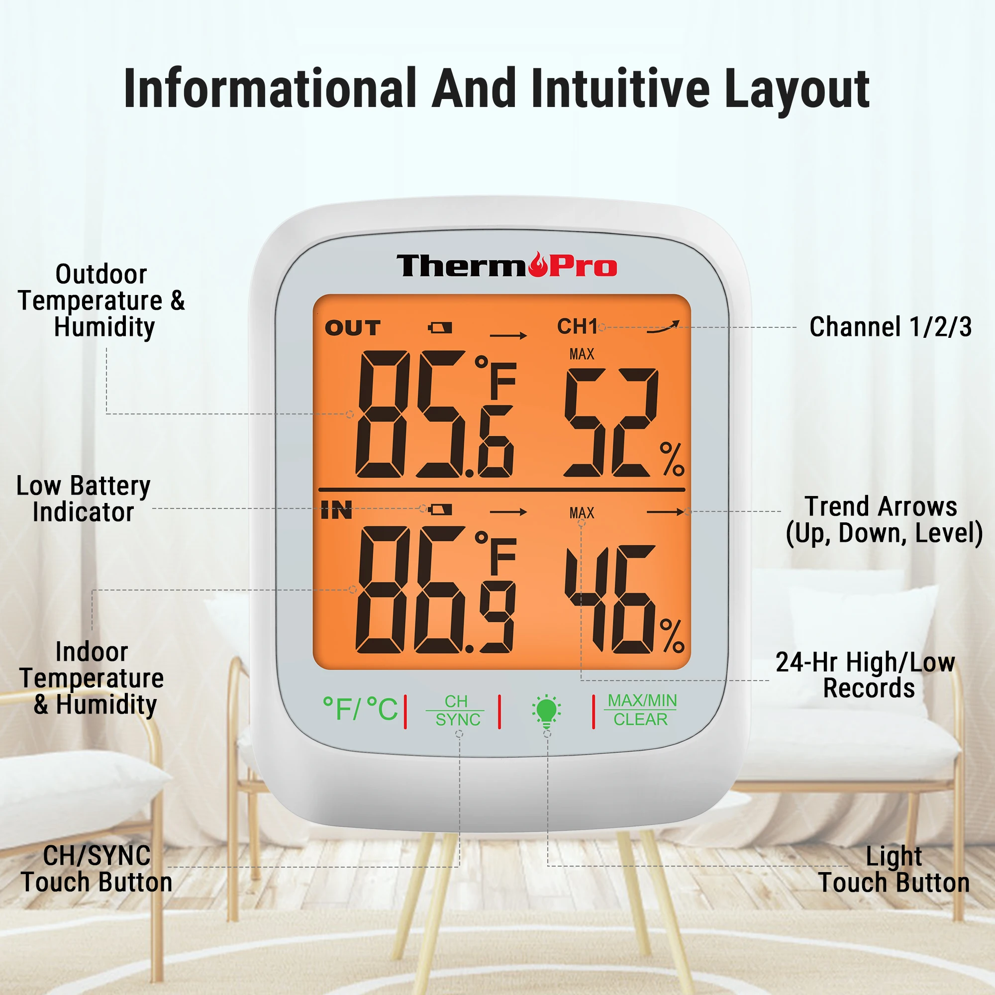 ThermoPro TP260B 300M Remote Range Wireless Backlight Digital Home Indoor Outdoor Temperature and Humidity Monitor