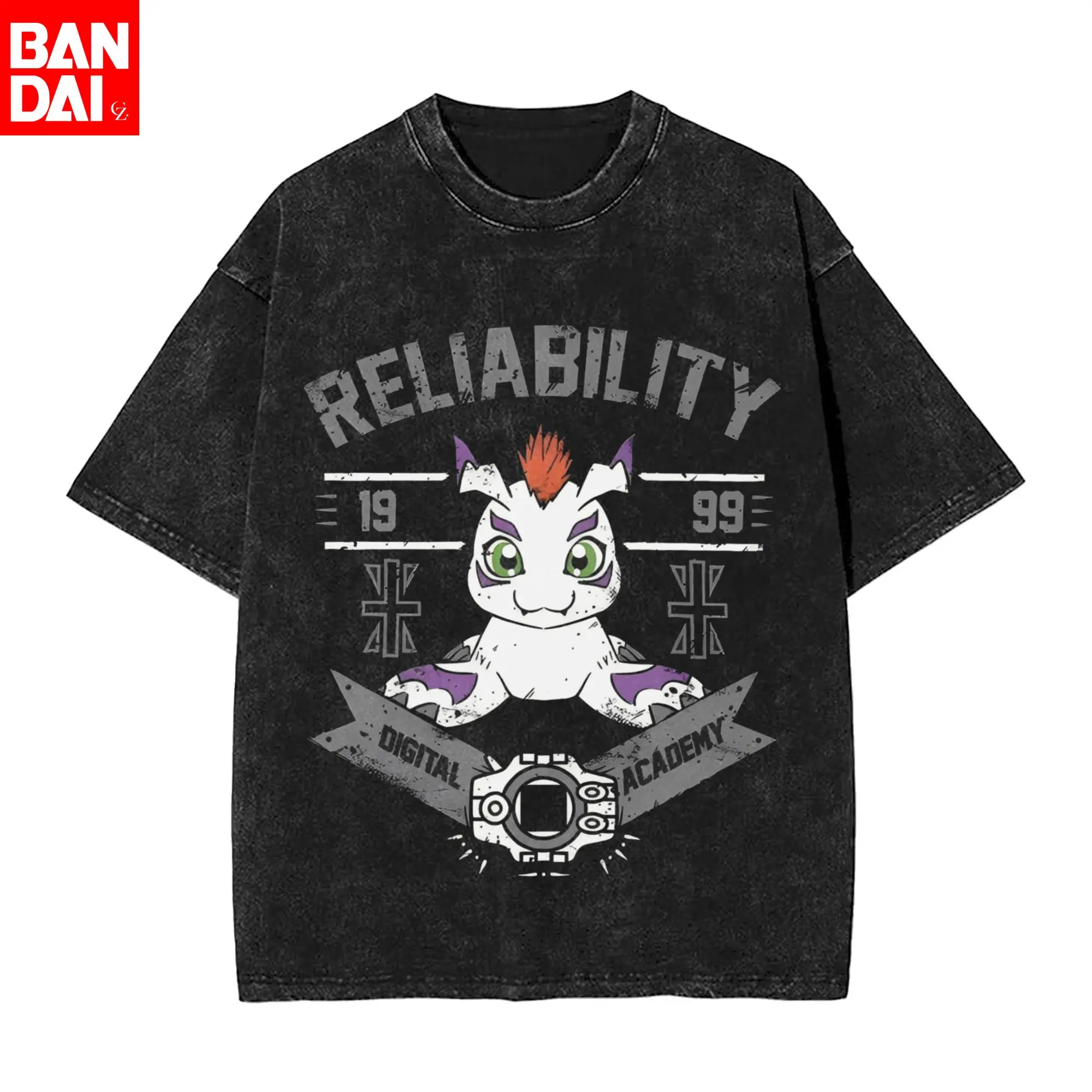 Camiseta Digimon Patamon 'Digital Monsters' Vintage Estilo Universitario con Estampado Lavado para Hombre, Verano 2026, Negra Oversize, Anime Streetwear