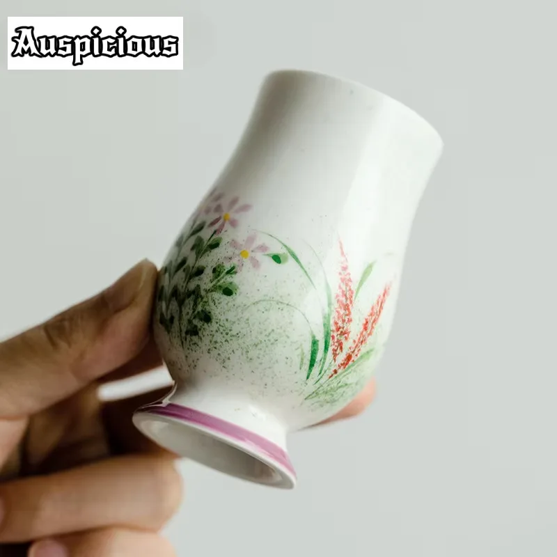 2pc/set Pure Hand-painted Reed Ceramic Teacup Sprinkling Green High-footed Cup Generous Fragrant Owner Cup Kung Fu Tea Set 70ml