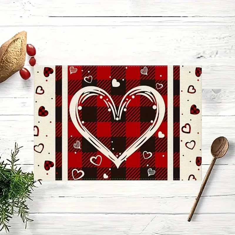 2pcs, Valentines Day Washable Red Love Heart Buffalo Plaid Pattern Placemats for Dining Table - Set of 2