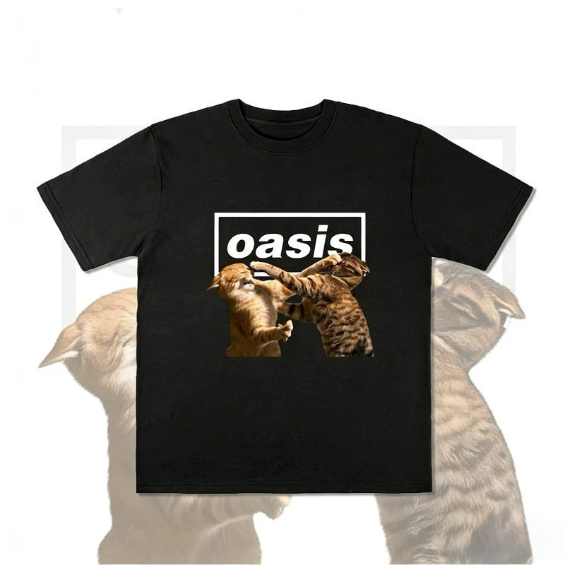

2025 Summer Oasis Band Cat Fight Peripheral 100% Pure Cotton Printed T-shirt American Retro British Rock Loose Short-sleeved