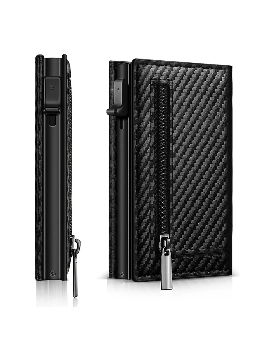 Personalisierter Name Herren-Kartenclip aus Kohlefaser, magnetisch, Leder, RFID, dreifach gefaltete Karte mit Reißverschluss, Smart Wallet, AirTag-Geldbörse – Detail 3