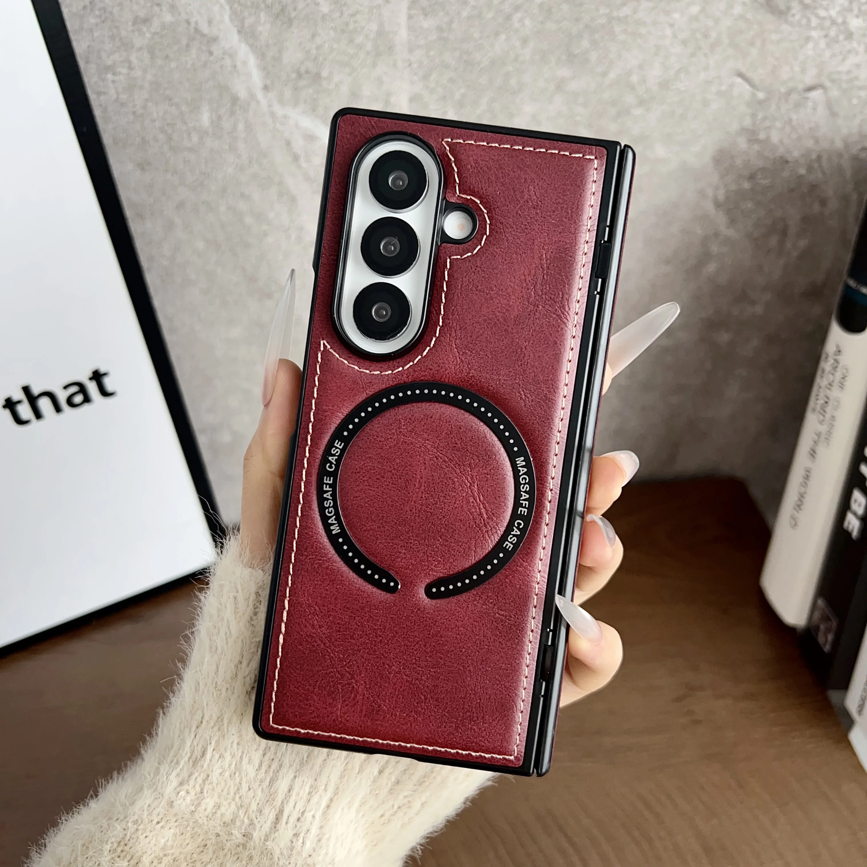 For Magsafe Samsung Galaxy Z Fold 7 6 5 4 3 Case Luxury Leather Hinge Magnetic Wireless Charging Shockproof Protection Hard Case