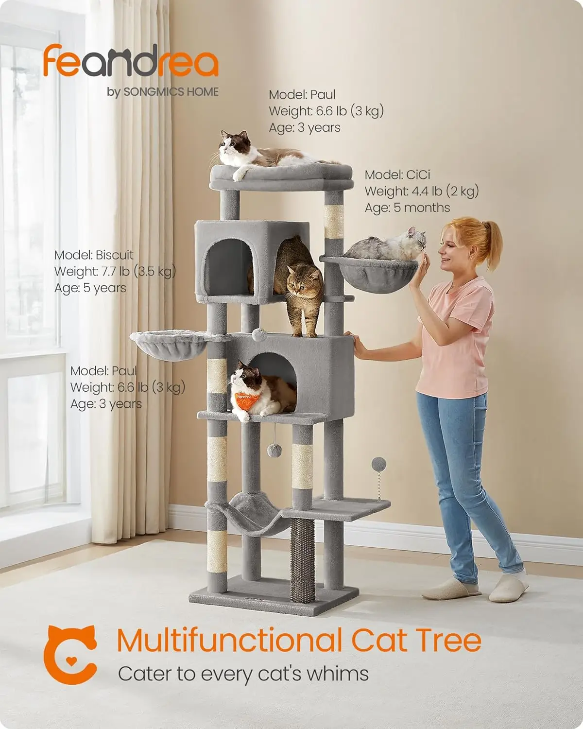 Cat Tree, 69-Inch Tall Cat Tower for Indoor Cats, Multi-Level Cat Condo with 2 Caves, 2 Baskets, 5 Scratching Posts