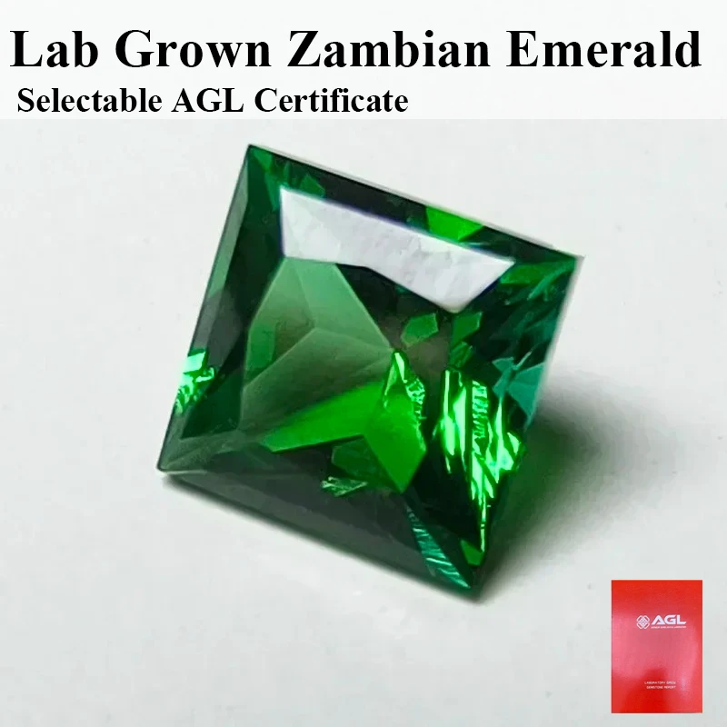 

Lab Grown Zambian Emeralds Square Shape Hydrothermal Hand Cutting with Cracks Inclusions Inside Selectable AGL Certificate