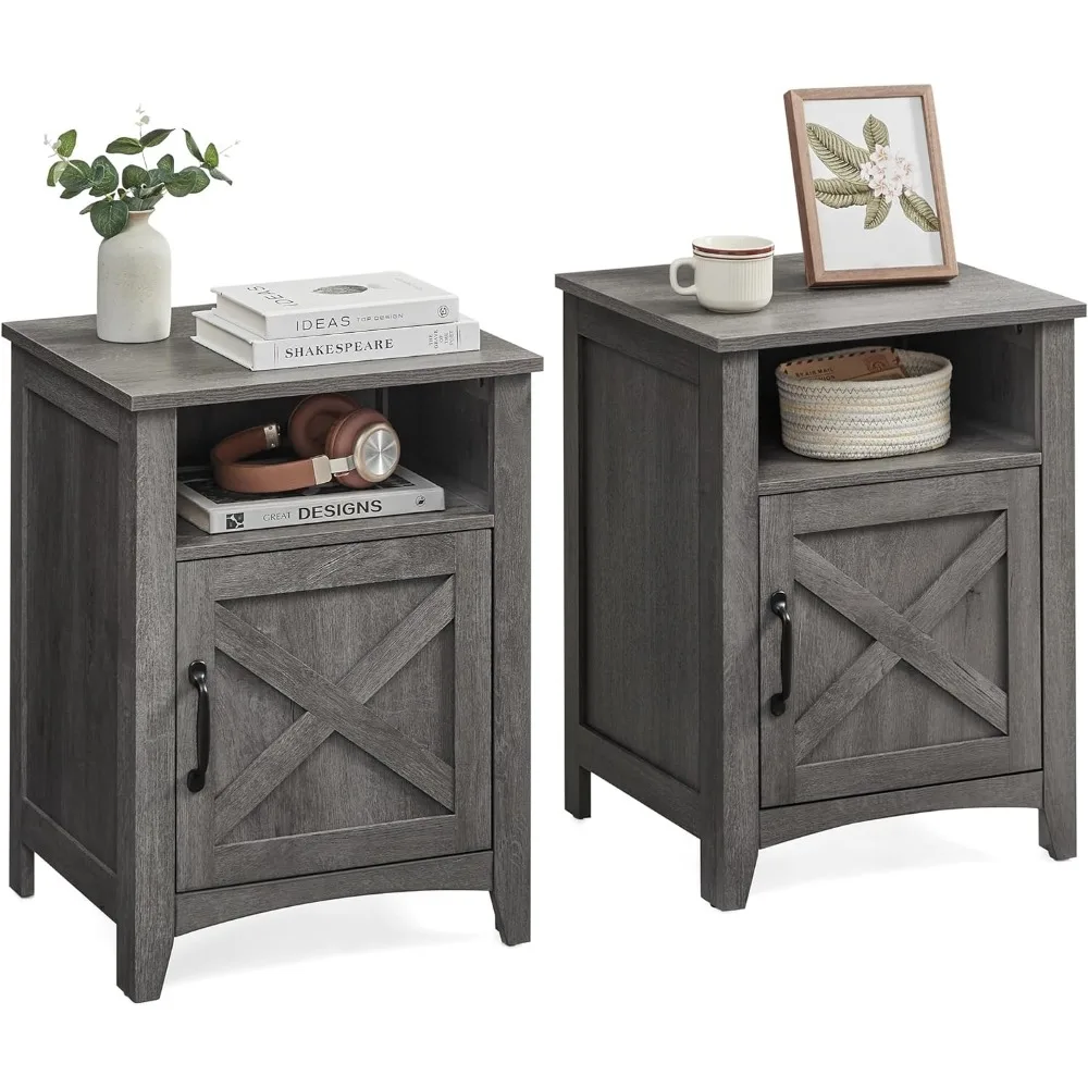 

LIRY Collection - Farmhouse Nightstand with Barn Door, Set of 2, Bedside Table with Storage, Side End Table, Night Stand, Open