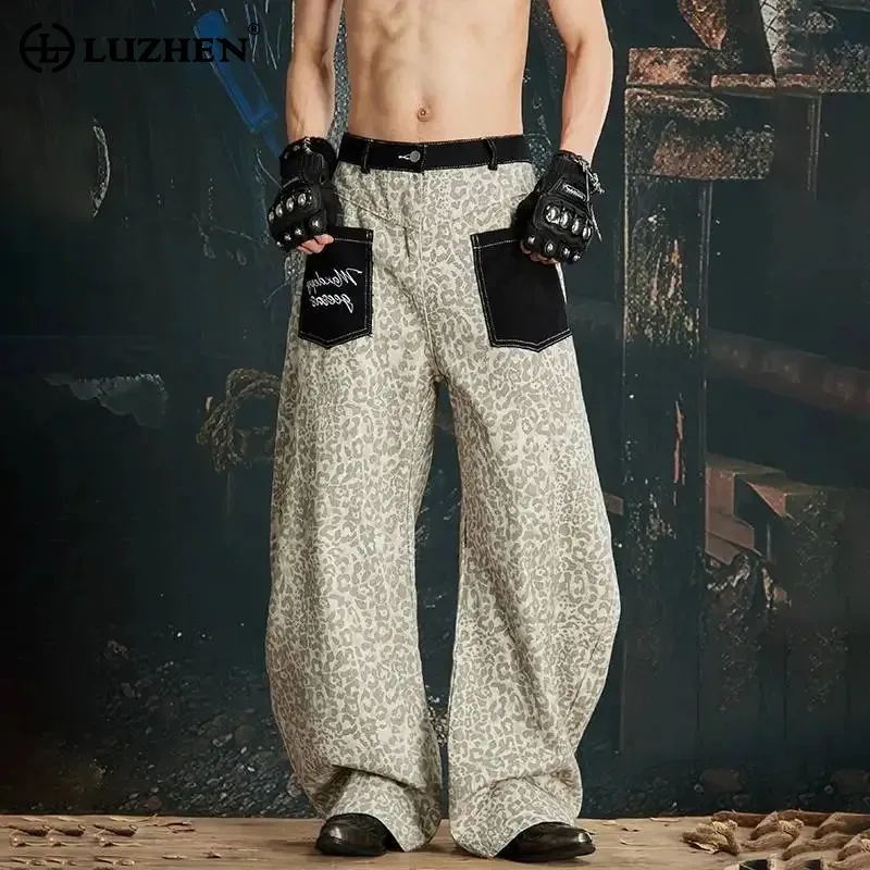 LUZHEN Contrast Personalized Color 2026 Pockets Embroidery Loose New Leopard Print Jeans Men's Fashion Street Denim Pants JY8559