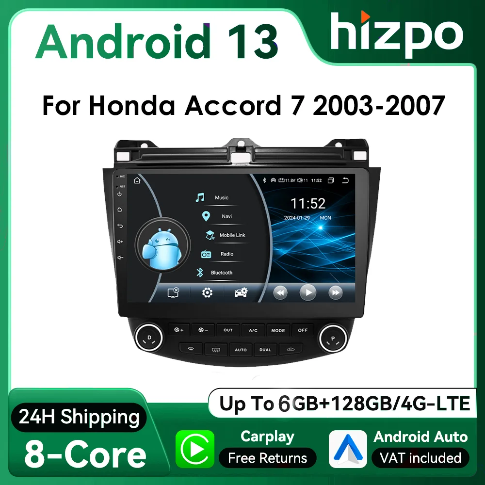 Hizpo 10.1inch 2Din Android13 Car Radio for Honda Accord 7 2003 - 2007 Single Dual AC Multimedia GPS RDS DSP SWC BT 4G CarPlay