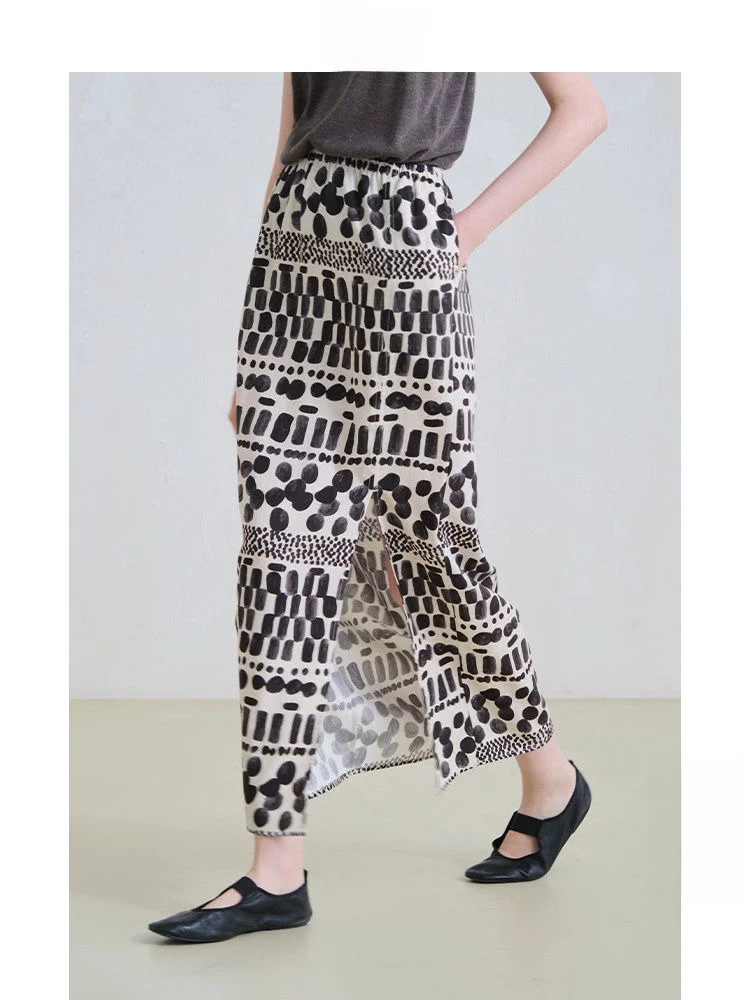 

Travel Original Silk Linen Artistic Print High Waist Straight Leg Skirt Women Summer Fashion Side Split Midi Skirt