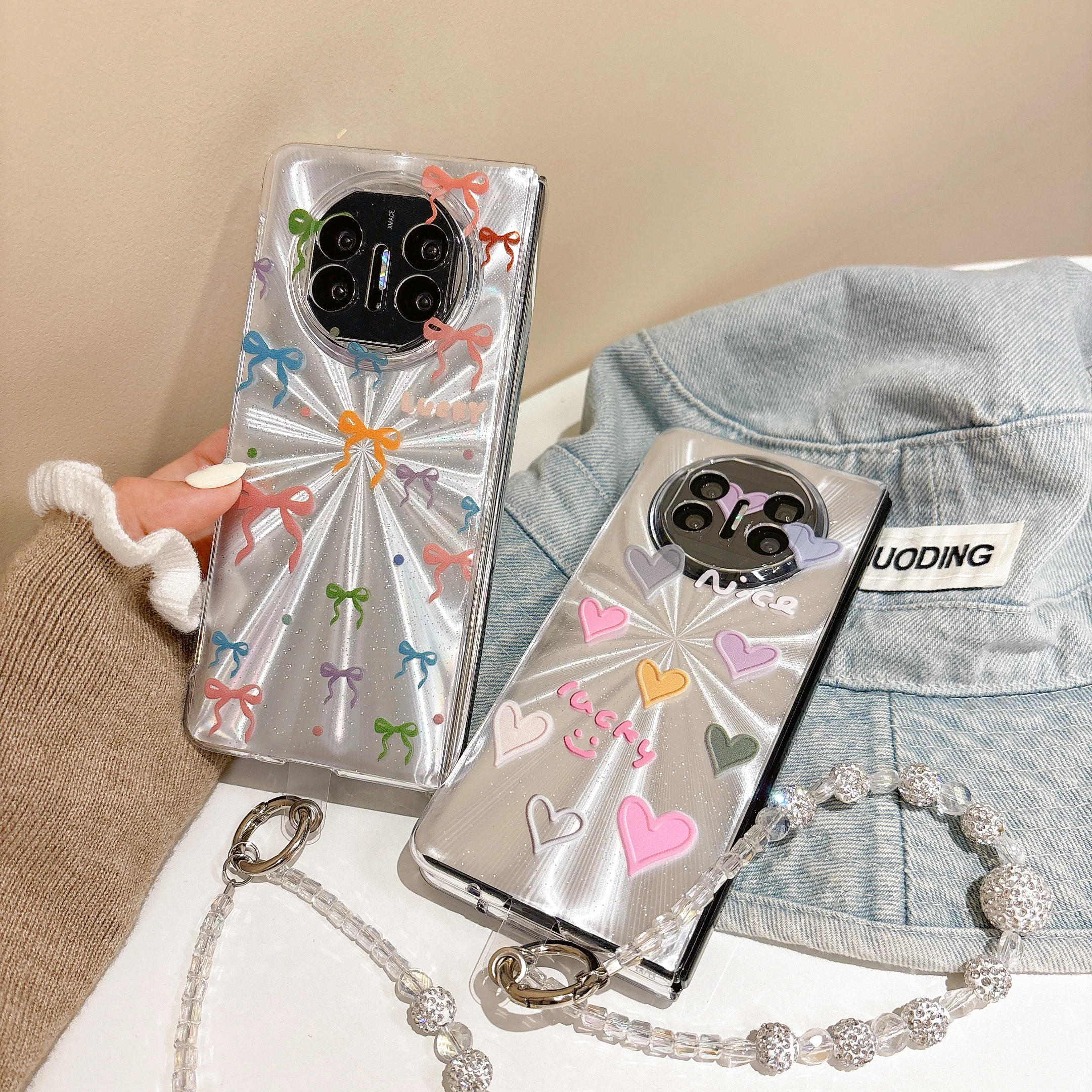 Laser Paper Colorful Bowknot Love with Bracelet Wristband Chain Hard Acrylic Shockproof Phone Case For Huawei Mate X5 X3 Cover