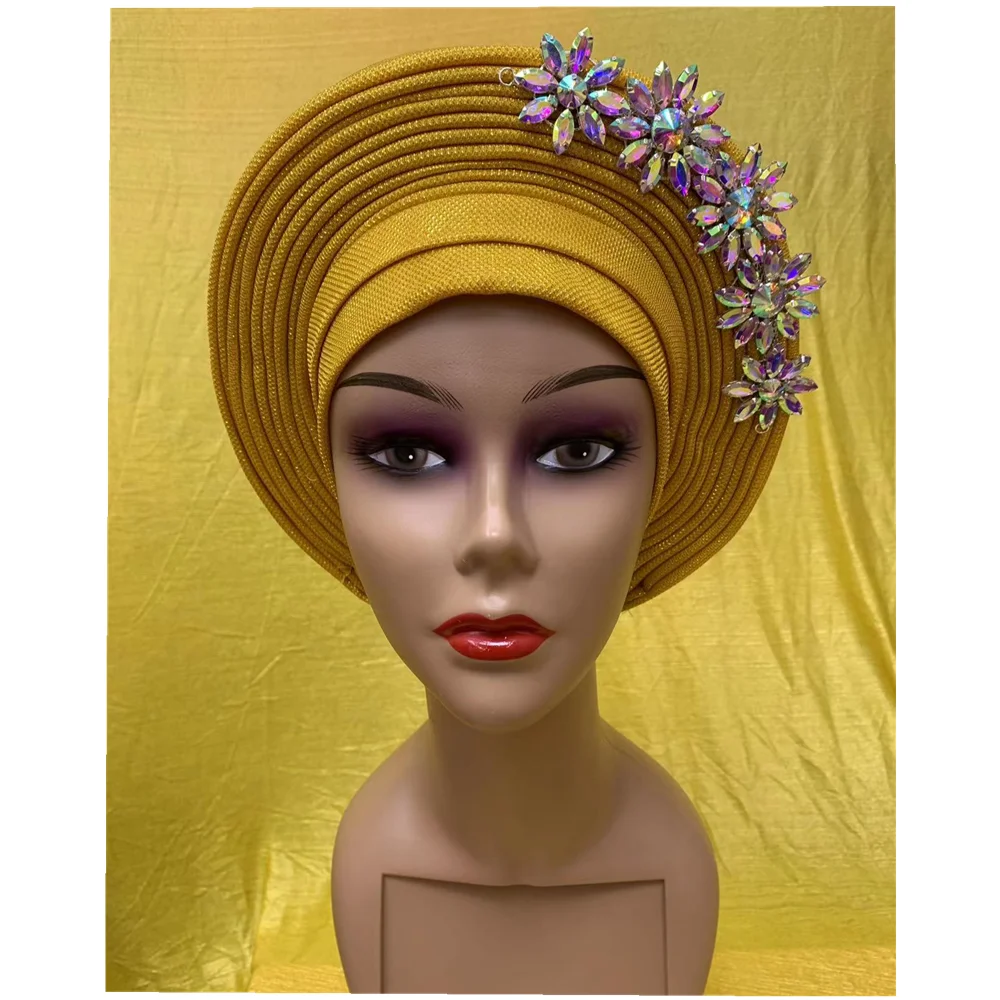 White African Turban Cap With Flower Drill  Nigeria Head Wrap Women Cap Nigerian Auto Gele Already Made Aso Oke Hat XM8-0-1