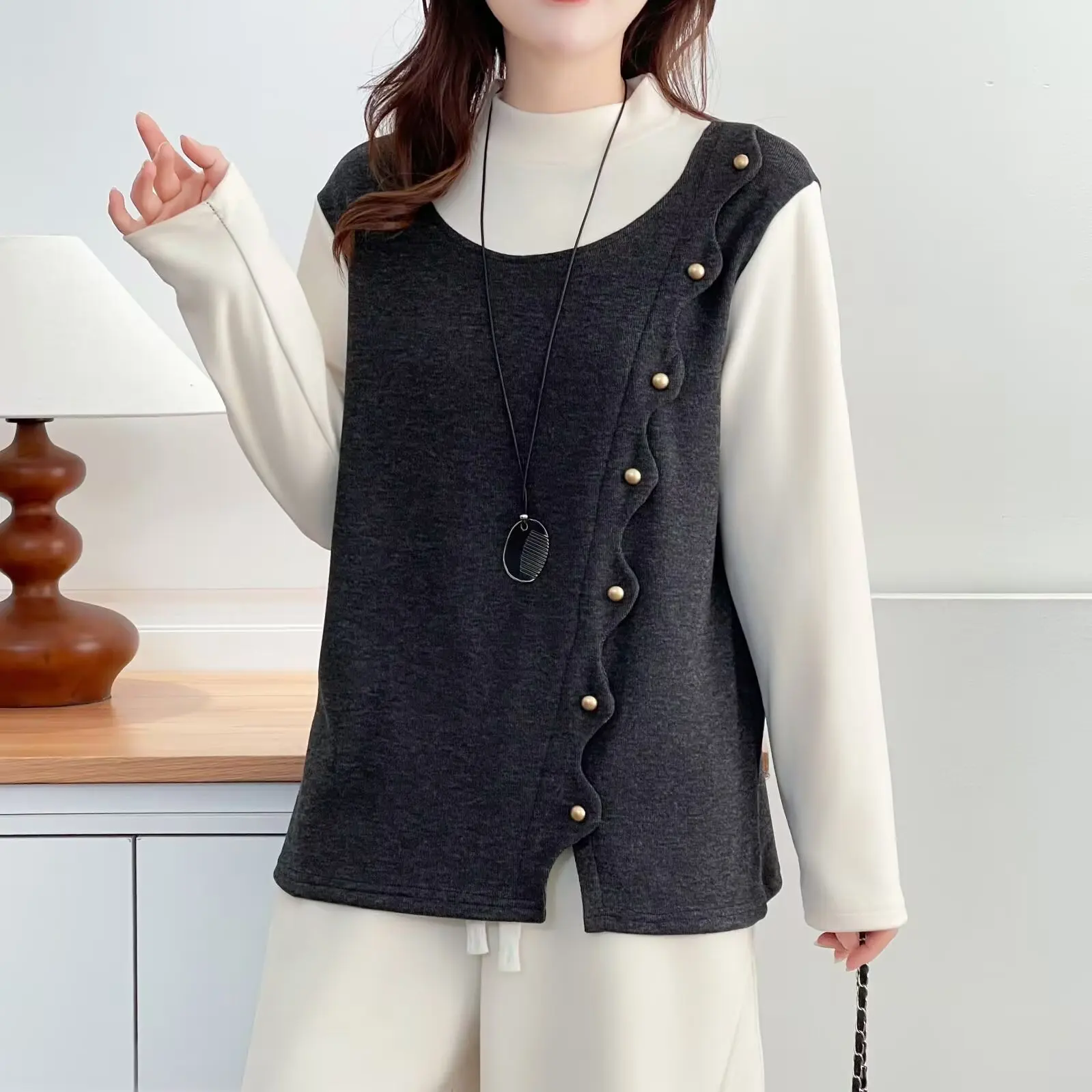 

XXXXL модная женская одежда больших размеров, футболка, новые искусственные комплекты из двух предметов с разрезом из флиса, теплые базовые топы взимку 2025