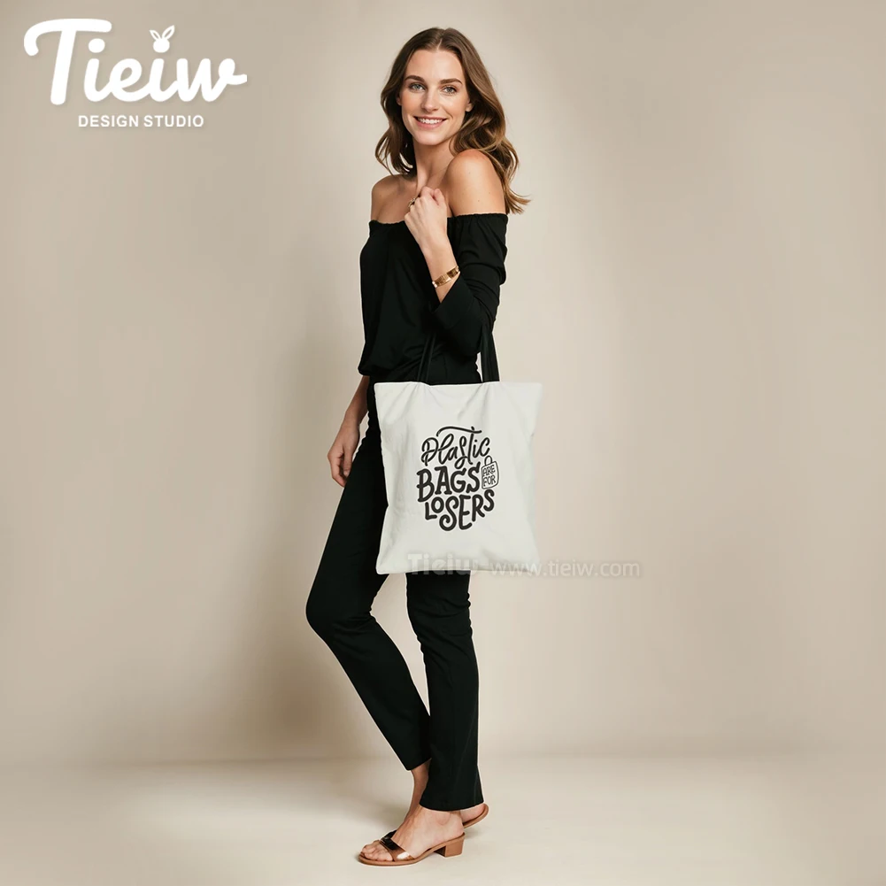 Eco-Friendly Reusable Shopping Bag Canvas Tote Bag with “Plastic Bags are for Losers” Large and Sturdy Black and White