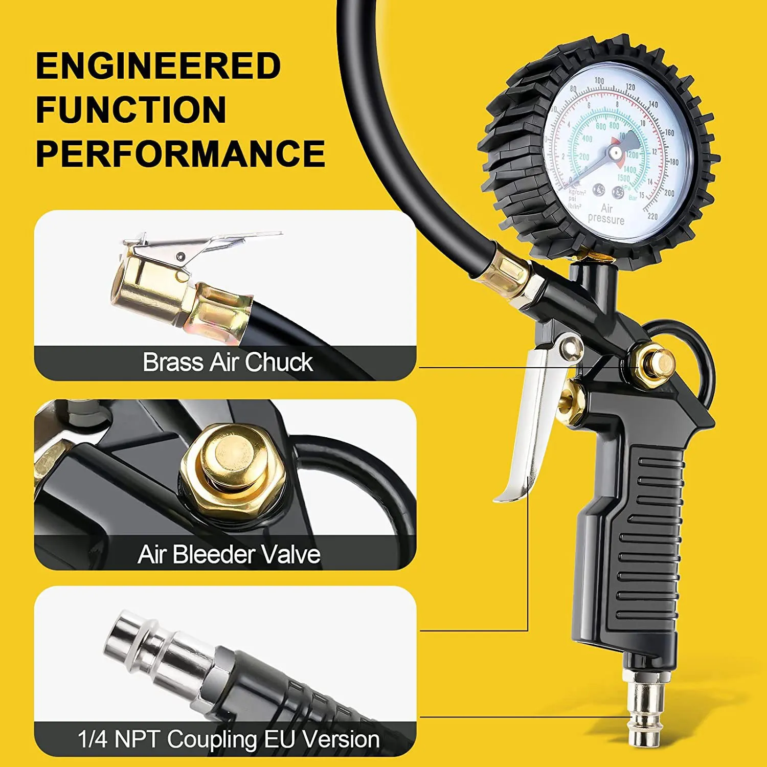 Medidor de presión de neumáticos de coche, Inflador de neumáticos de 220 PSI con herramienta de núcleo de válvula, compresor de aire para coche, motocicleta y bicicleta