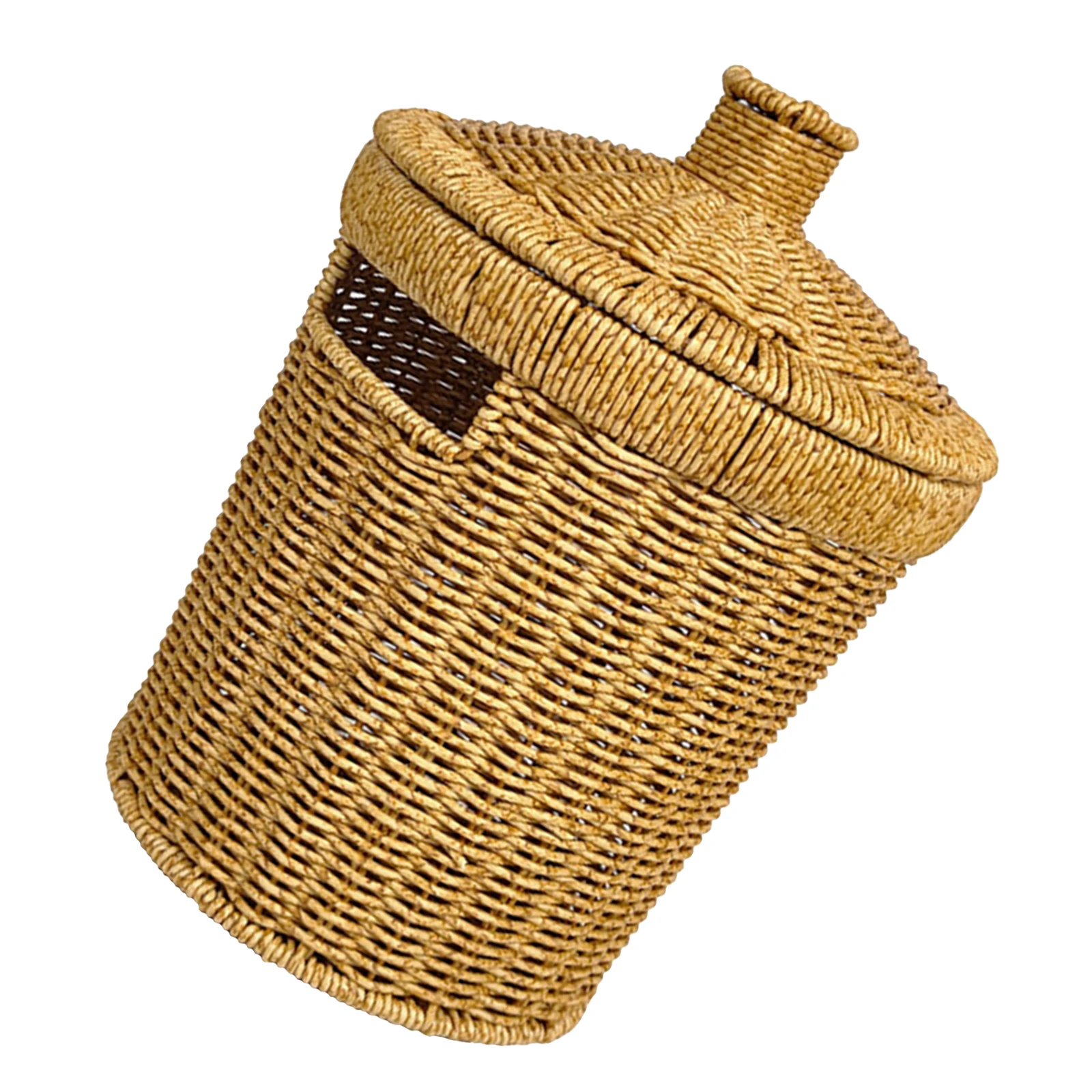 

Imitation Rattan Trash Bin Round Handwoven PP Iron Frame Decorative Waste Basket Kitchen Bathroom Bedroom Office Small Plastic