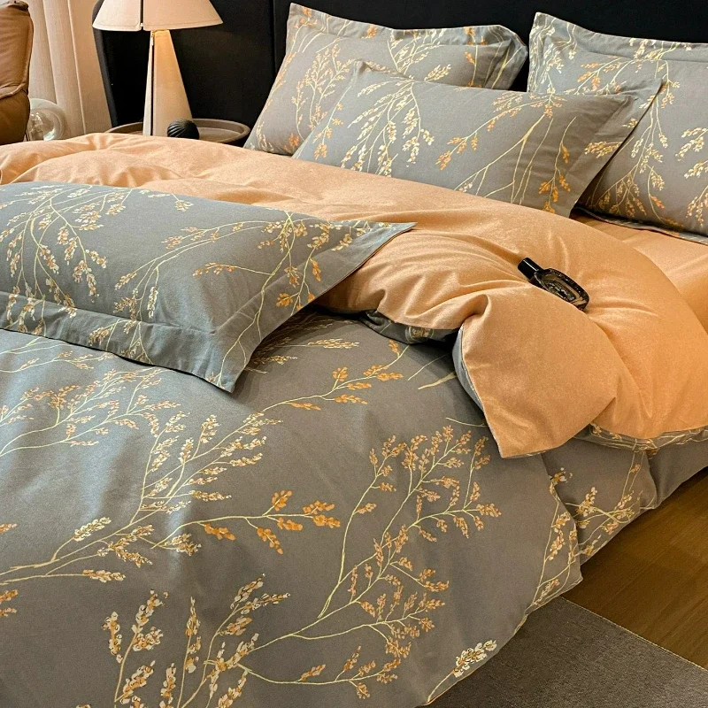 Autumn and Winter  Cotton Brushed Bedroom Four Piece Set Pure Cotton Bedsheet Fitted Sheet American Printed Bedding Gift Box Set