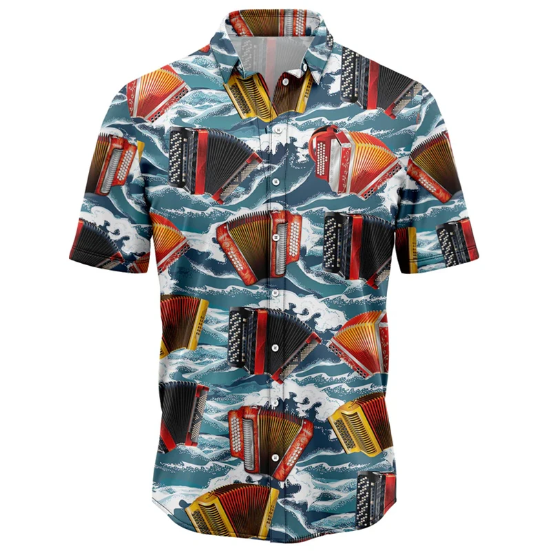 

Retro Accordion Pattern Hawaiian Shirts For Men Summer Casual Short Sleeve 3D Printed Lapel Blouse Loose Breathable Button Shirt