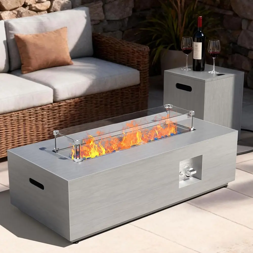 

2-Piece 42" Recular Propane ire Pit or Outside Patio with Hidden Tank Table, 50,000 ireplaces with Glass Wind Guard, Lid, Glass