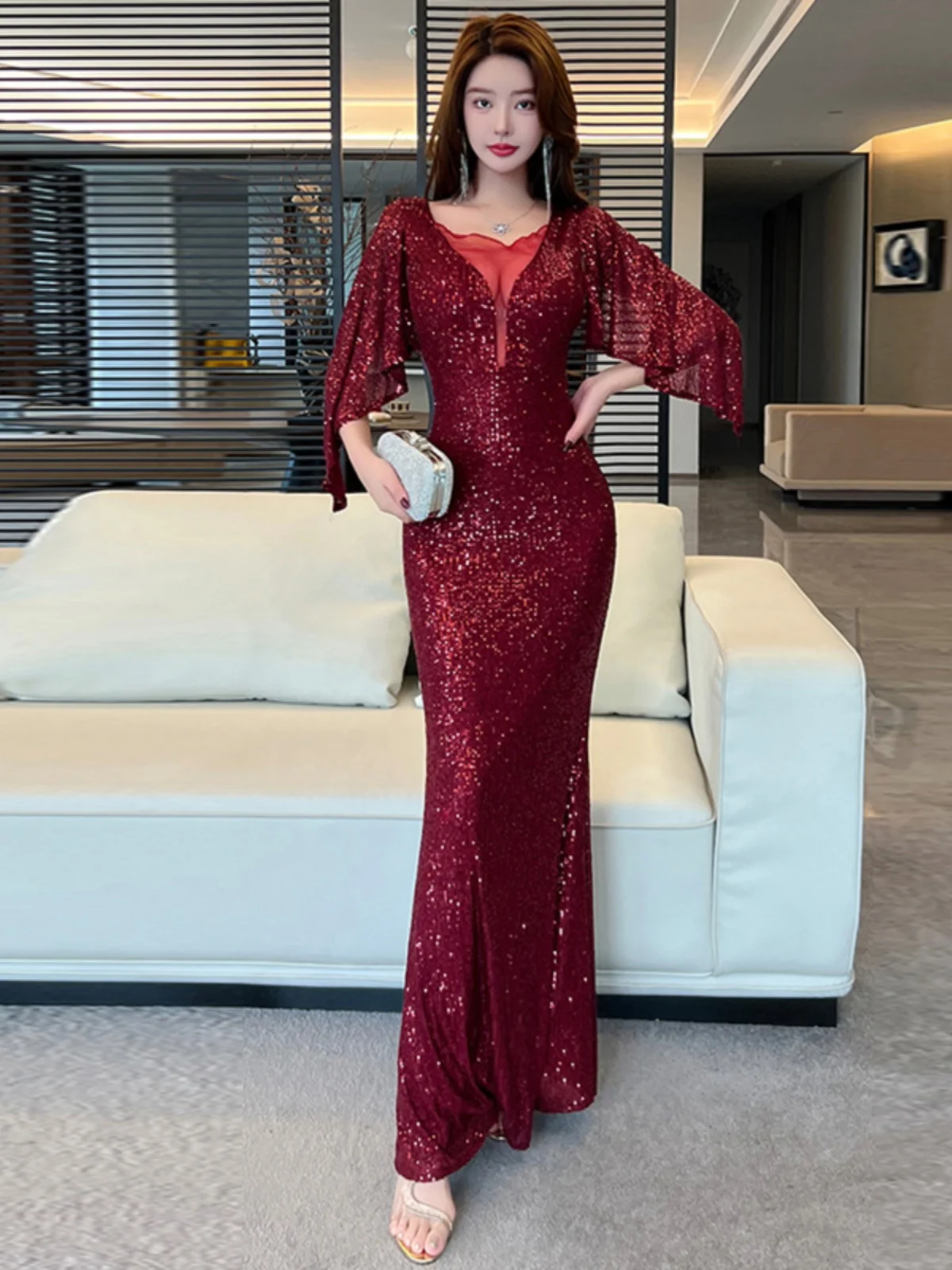 

Ele Fi Tail Evening Dr by Gege Home Korean Sle Sequin Me Long Skirt High Waist Bell Sve for Annual Ball
