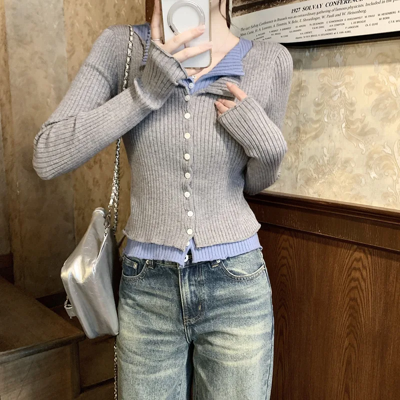 เสื้อสเวตเตอร์คอวีแขนยาวสองชั้นทรงเข้ารูป สไตล์เริ่มต้นฤดูใบไม้ร่วง พร้อมเสื้อซับใน ปี 2025