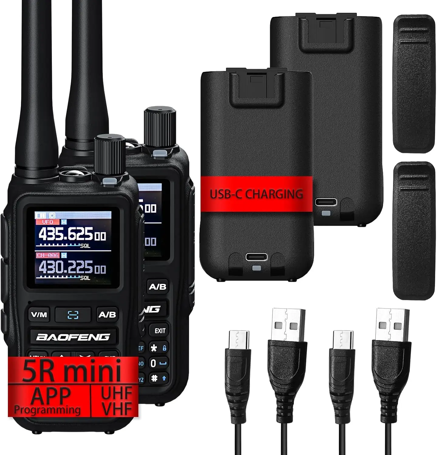 2x-baofeng-uv-5rmini-compact-transceiver-5w-long-distance-app-program-vhf-uhf-999ch-noaa-type-c-charge-fm-radio-intercom