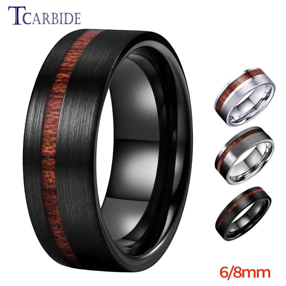 

6MM 8MM Black Tungsten Wedding Band For Men And Women Offset Groove With Real Wood Inlay Trendy Gift Jewelry Comfort Fit