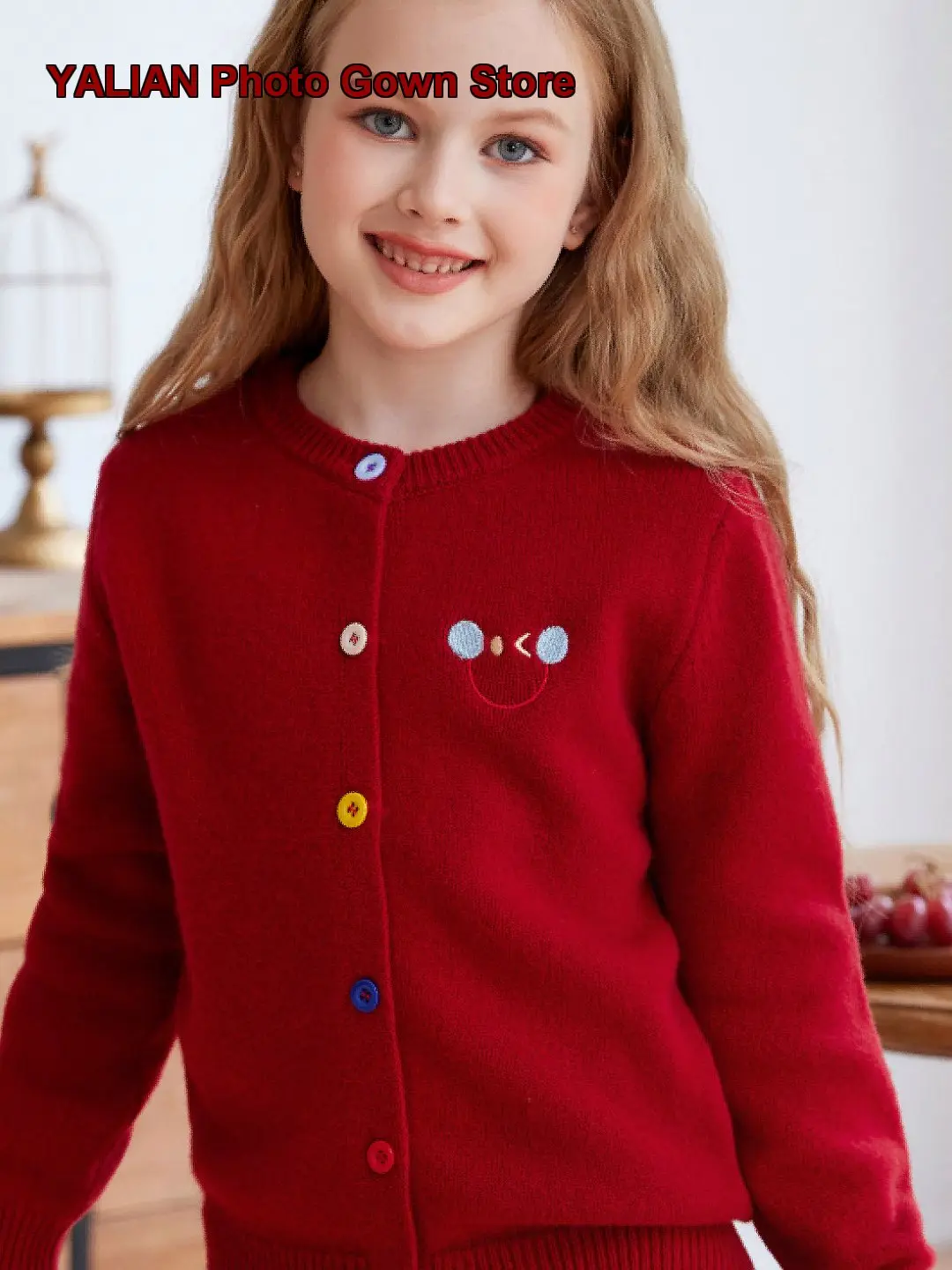 Red Lotus Pure Knit Coat Chic Cardigan Boys Girls Embroidered Smiling Face Top