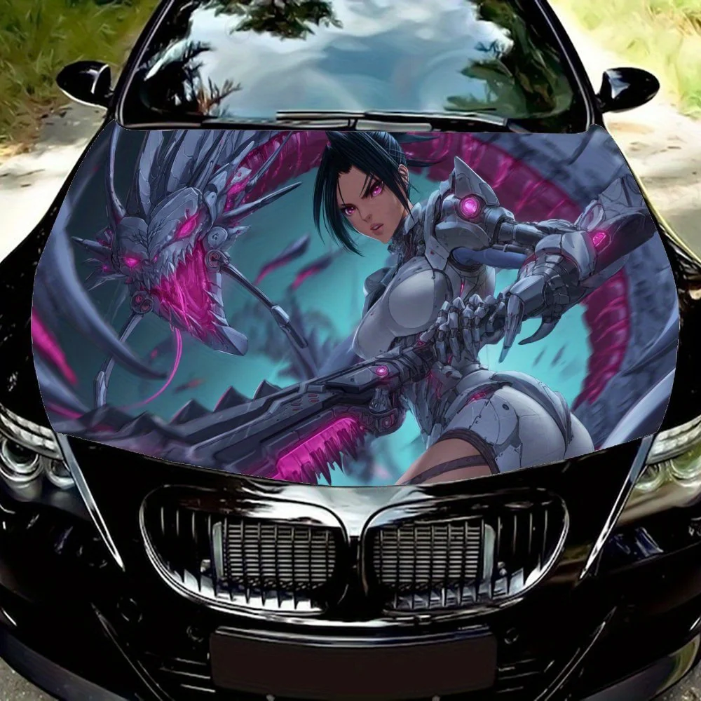 

Виниловая пленка Mecha Female Warrior для автомобиля, водонепроницаемая наклейка на капот автомобиля из ПВХ, самоклеящиеся устойчивые к царапинам наклейки для крышки двигателя,