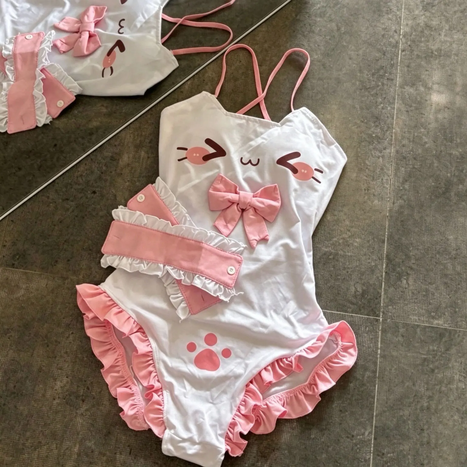 Cartoon Japanese Lolita Sweet Girls Print One-Piece Swimsuit Sexy Neck Cute Bow Ruffle Triangle Swimsuit Summer New