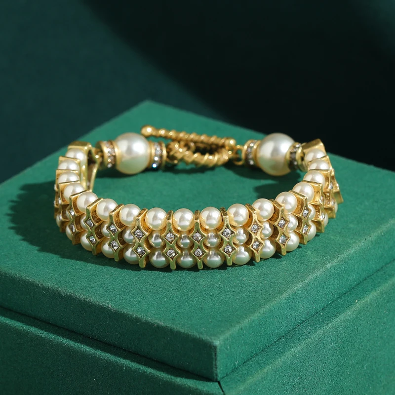 

Vintage Pearl Bracelets Beaded Woman Gold Color Rhinestone Quality Wedding Luxury Palace Jewelry 2026 Bridesmaid New Accessories