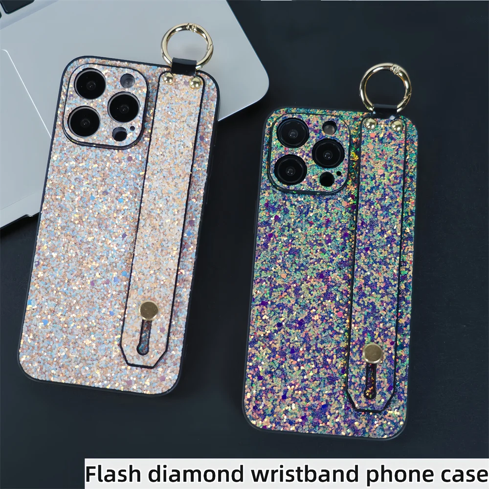 Glitter Diamond Wrist Strap Stand Case for iPhone 15proMax 14 11 12 13 15 Pro Max Plus Lens Protection Bling Silicone Soft Cover