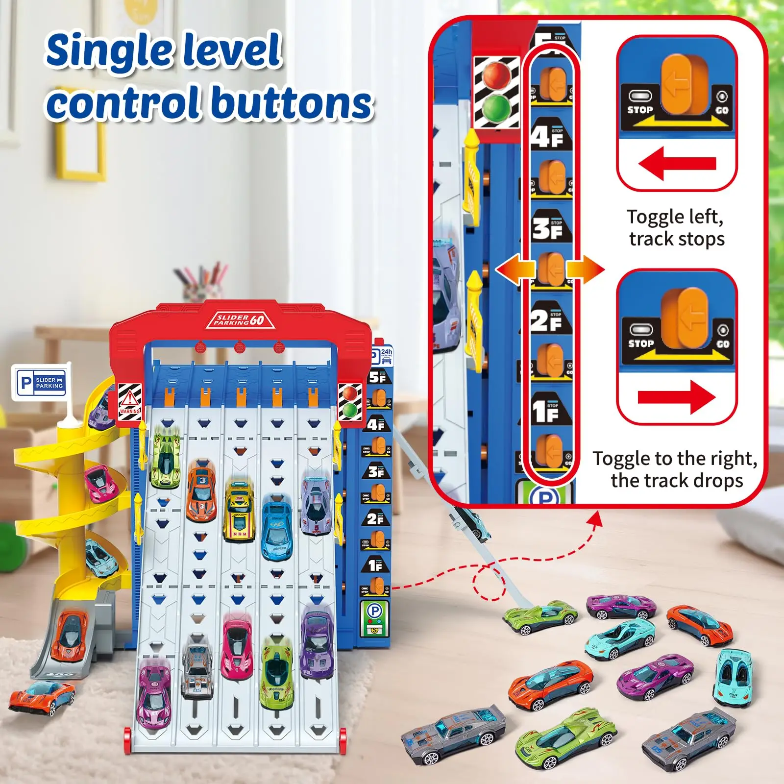VATOS Sliding Track Truck Car Toy-Parking Toy Storage Track with 10 Cars Ideal Birthday School Year Gift Car Set for Toddlers 3+